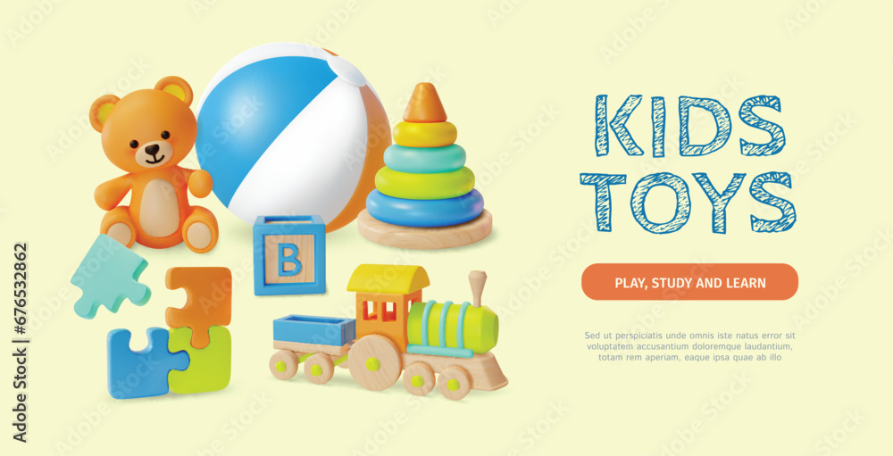 3d Kids Toys Play Study and Learn Concept Placard Poster Banner Card Template Cartoon Style Include of Pyramid and Ball. Vector illustration