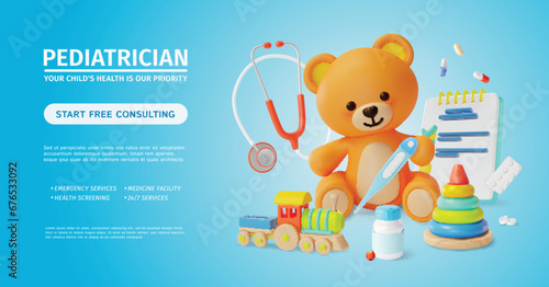 3d Pediatrician Child Health is Our Priority Free Online Consulting Concept Placard Poster Banner Card Template Cartoon Style. Vector illustration