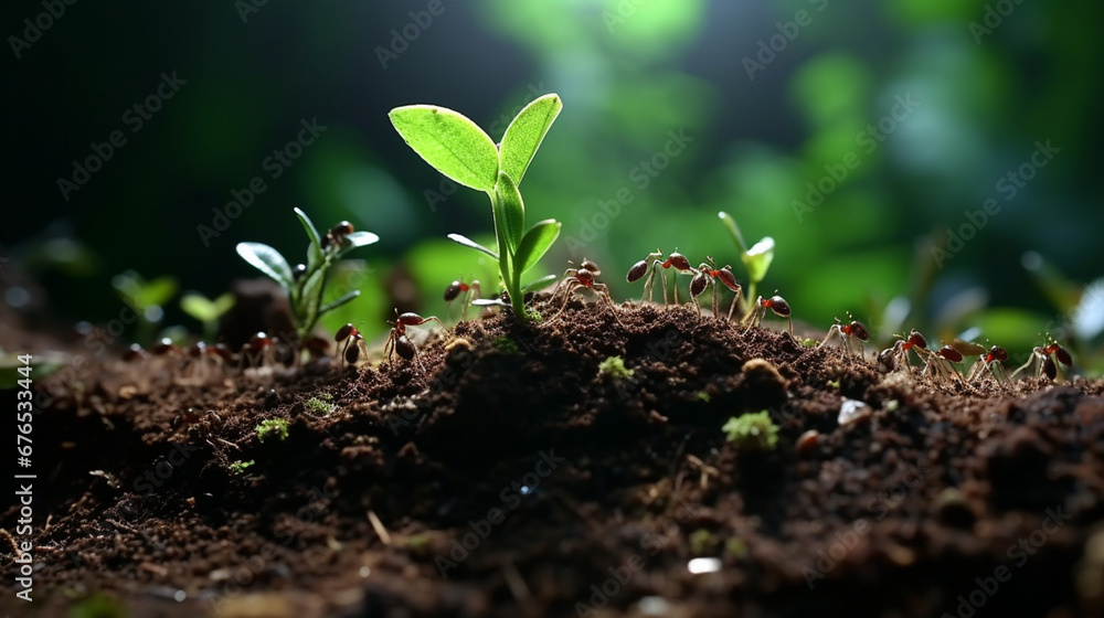 Fototapeta premium a very zoomed out picture of a lot of ants carrying a small green leaf created with Generative Ai