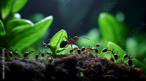 a very zoomed out picture of a lot of ants carrying a small green leaf created with Generative Ai © Andrii Yablonskyi