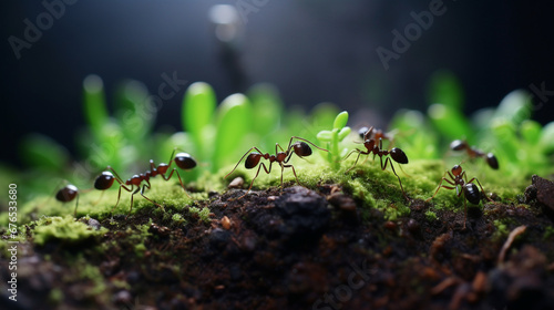 a very zoomed out picture of a lot of ants carrying a small green leaf created with Generative Ai © Andrii Yablonskyi