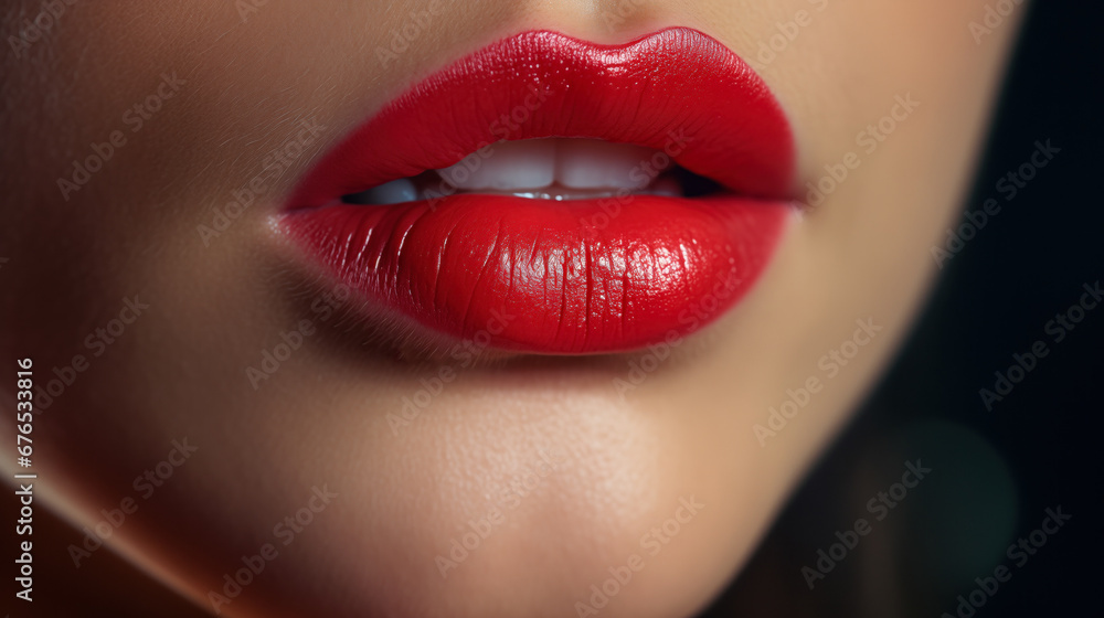 Obraz premium beautiful female natural lips and white teeth. Beautiful red lipstick. Close-up .