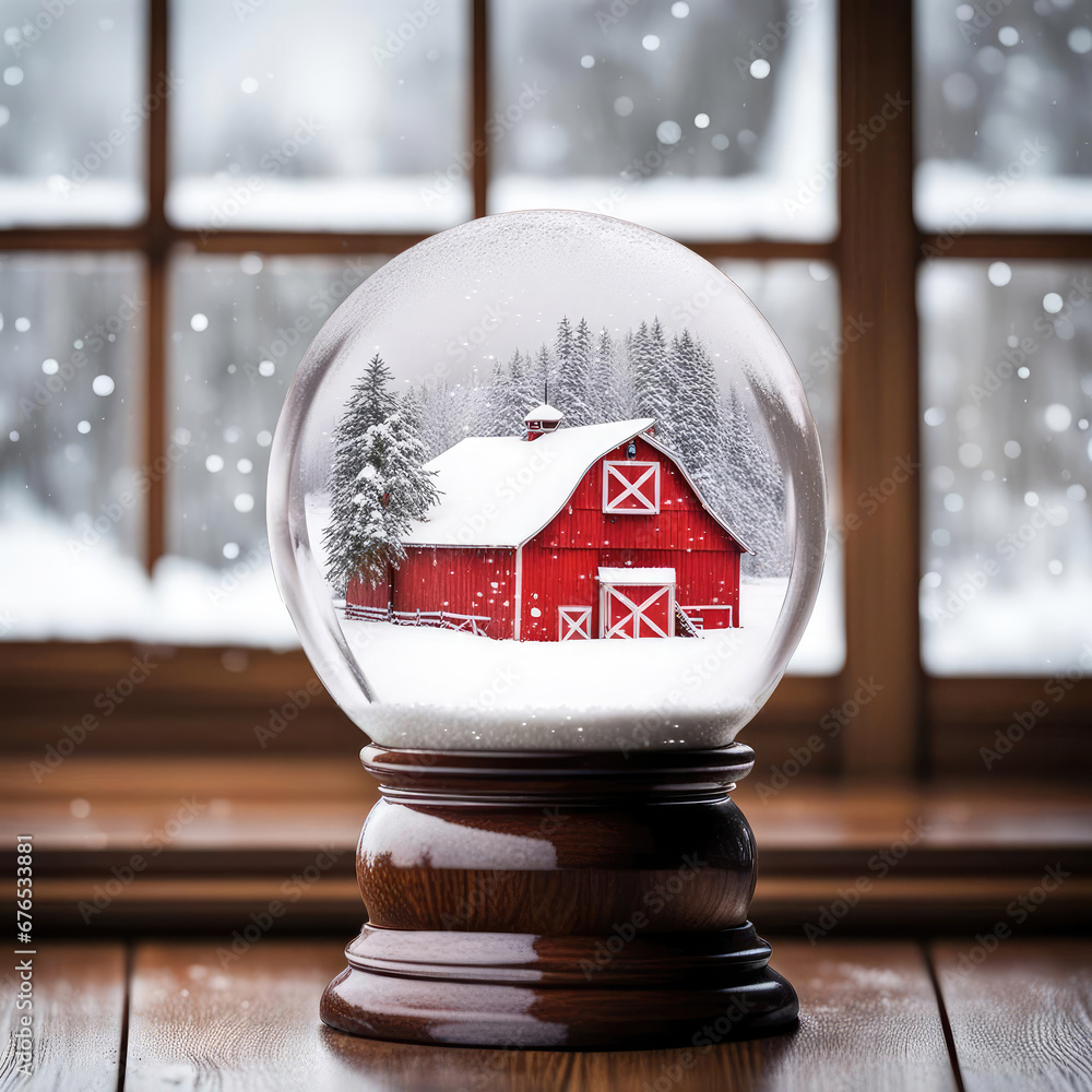 Red farm barn in a snow globe with pine trees by a winter window Stock ...