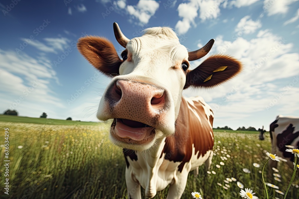 Portrait of a happy cow in the meadow