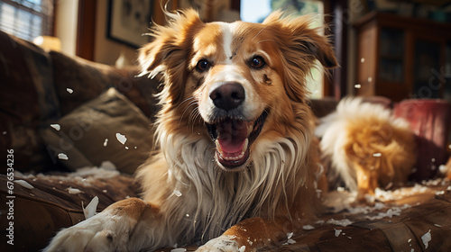 Happy dog making a mess in a living room. © andranik123