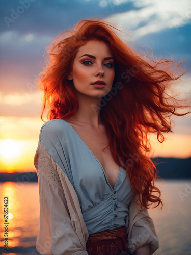 red-haired girl on the shore of the lake at sunset
