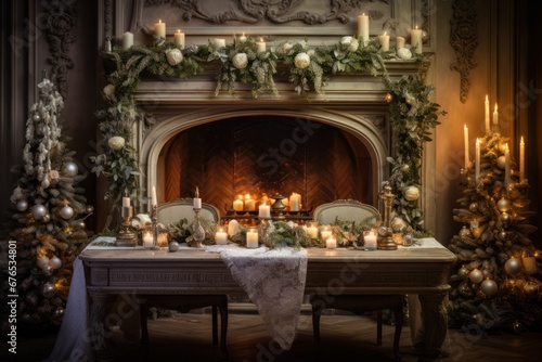 a christmas table with fireplace in the room