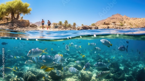 people from a yacht look at colorful fish in the red sea