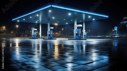 Empty modern gas station in night large copyspace area