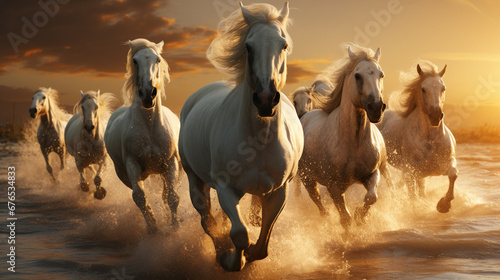 Horses walking on water.