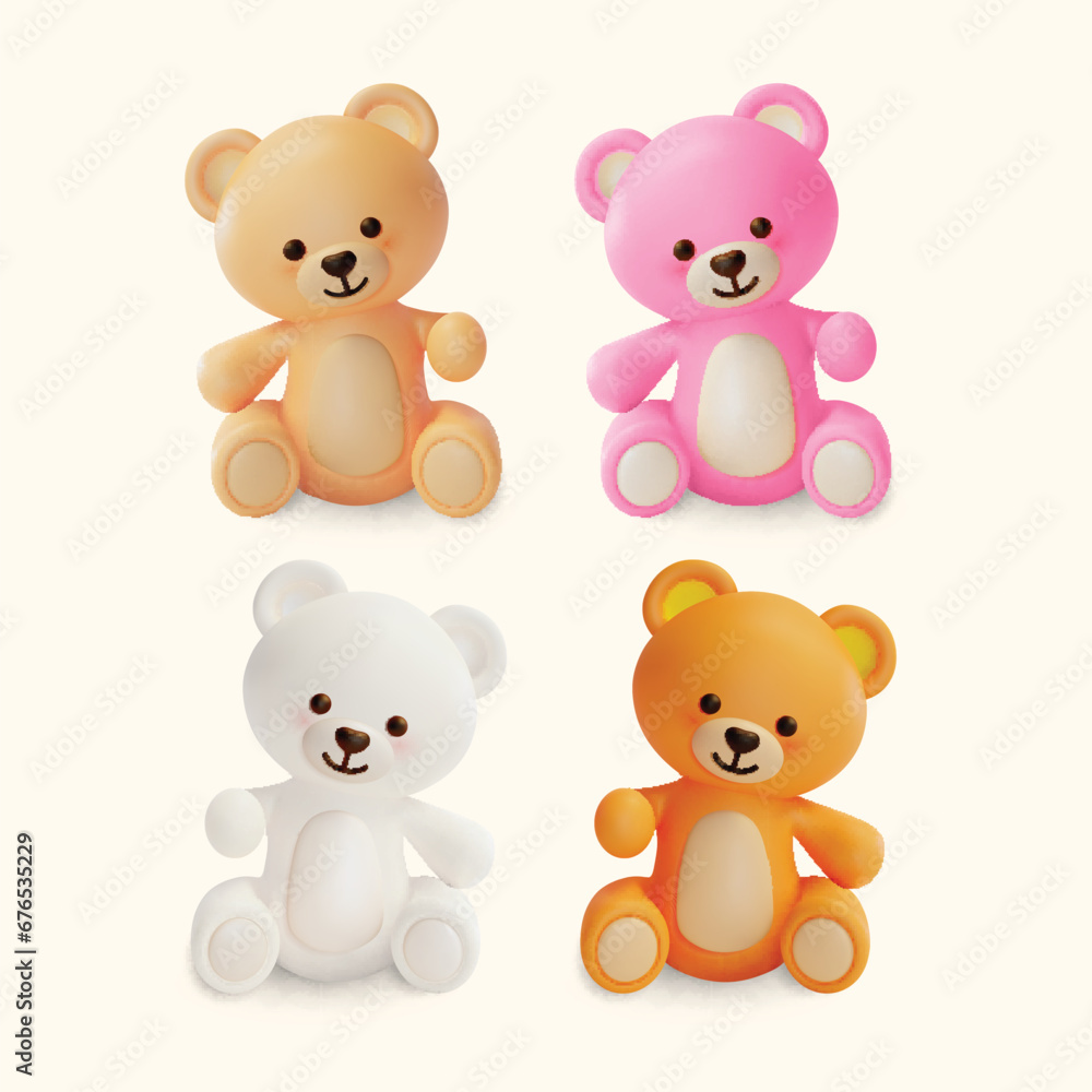 3d Different Color Cute Teddy Bear Toy Set Cartoon Style Symbol of Romance and Childhood. Vector illustration of Baby Bear Doll Character 3d Different Color Cute Teddy Bear Toy Set Cartoon Style Symbol of Romance and Childhood. Vector illustration of Baby Bear Doll Character