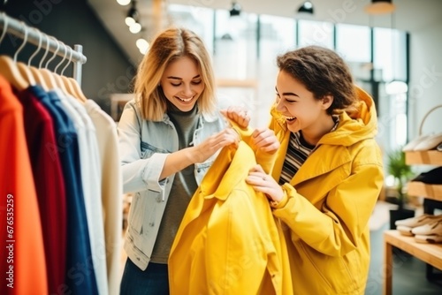 Smiling attractive young women in yellow hoodie shopping