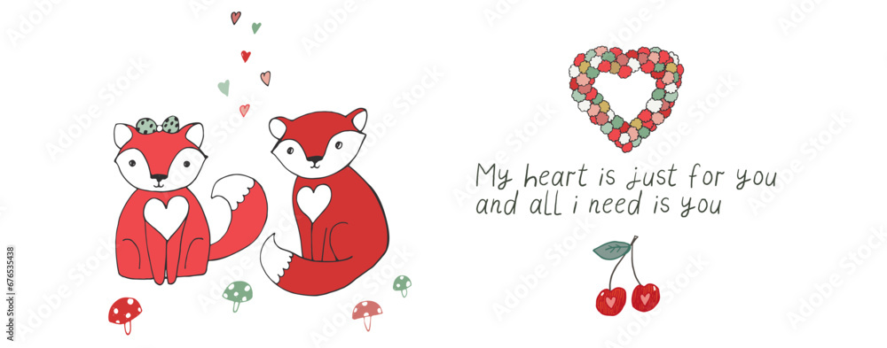Fototapeta premium Valentine's day foxes vector illustrations set.