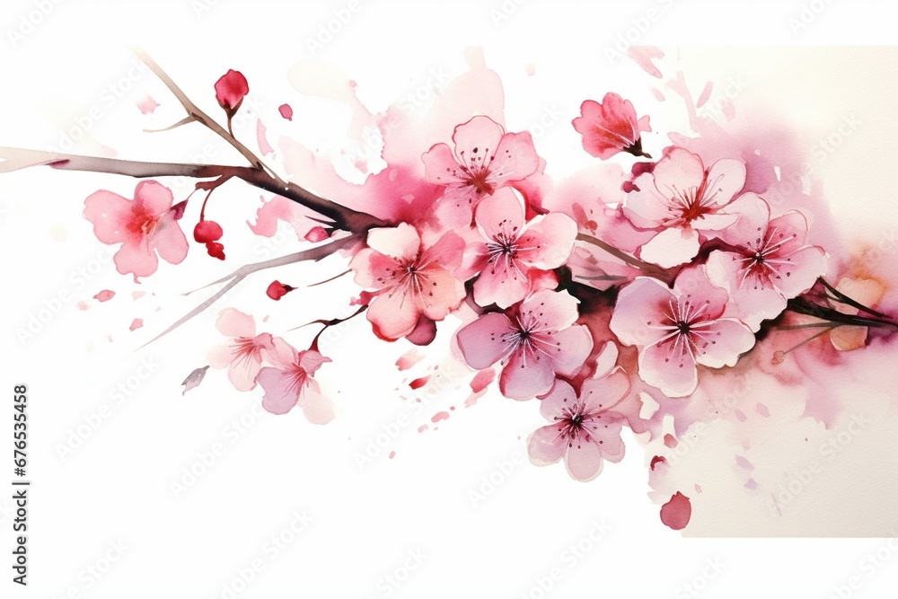 Close-up of blooming cherry blossom branch and falling petals. Watercolor illustration. (Transparent background). Generative AI
