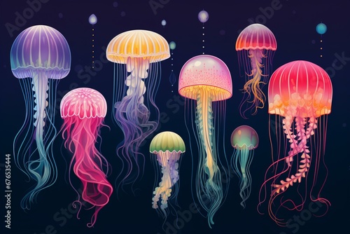 Illustration of various jellyfish in the ocean. Generative AI