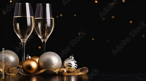 Champagne Glasses and Christmas Decorations on a Festive Dark Background