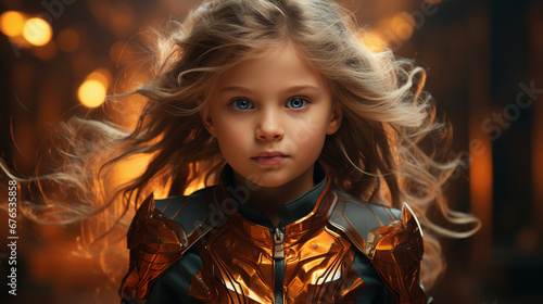 Little girl in a protection costume.
