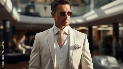 Man in a modern white wedding suit.
