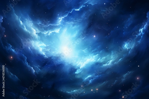 Background of deep blue cloud nebula with stars and a sun, depicted through digital painting. Generative AI