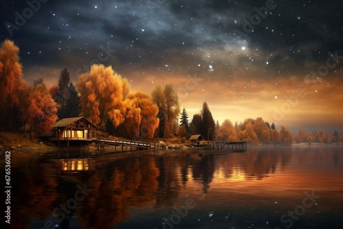 calming fall day by the lake under a starlit sky. Generative AI