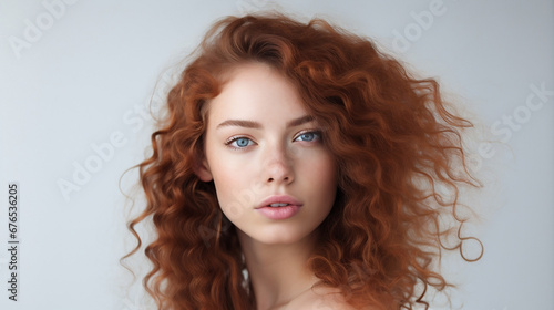 Young red-haired woman with perfect smooth skin isolated over white background. Concept of natural beauty, plastic surgery, cosmetology, cosmetics, skin care. Closeup portrait. Generative AI
