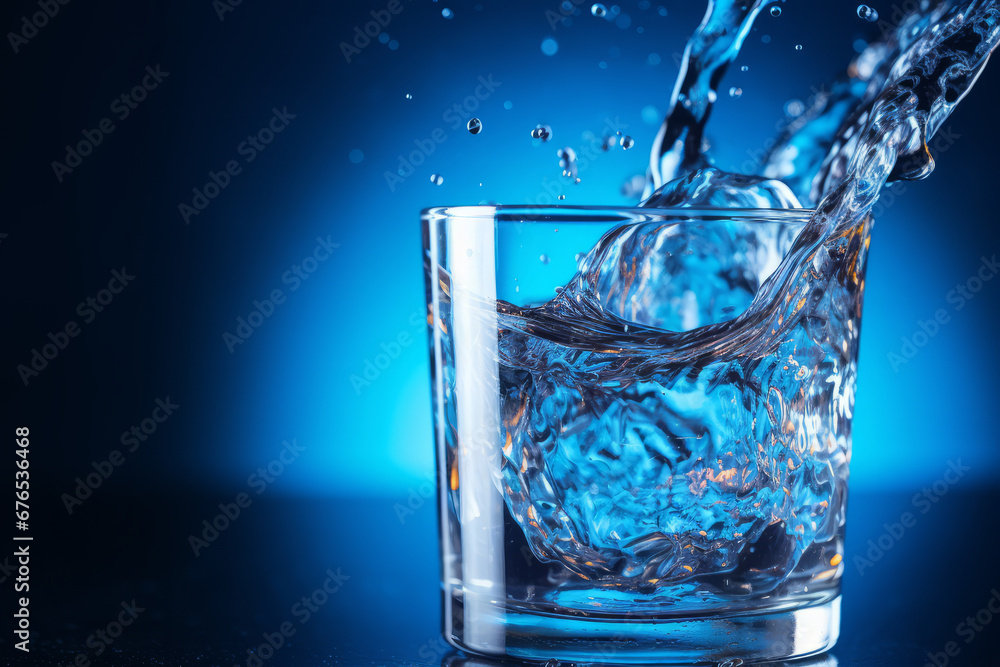 Cold water is poured into a glass of water, with blue background and beautiful lighting Cold water is poured into a glass of water, with blue background and beautiful lighting