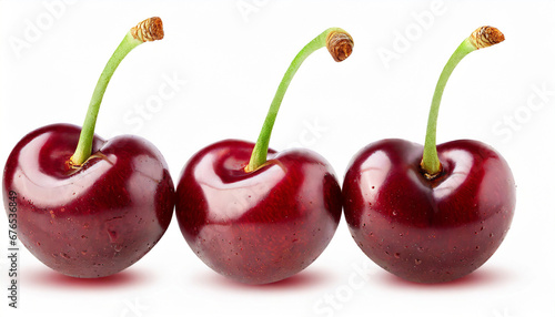 three sweet cherries with green stem isolated on white background with clipping path