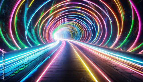 colorful neon lines in a tunnel as the background trails on the tunnel illustration generative ai
