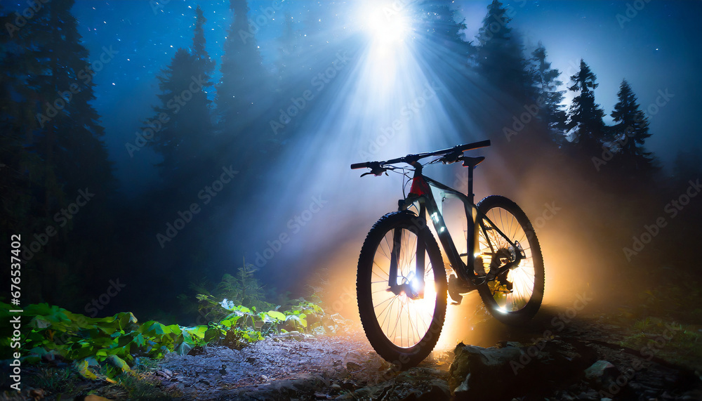 Obraz premium mountain bike in the night fog in the mountain forest extreme sports background in the rays of light
