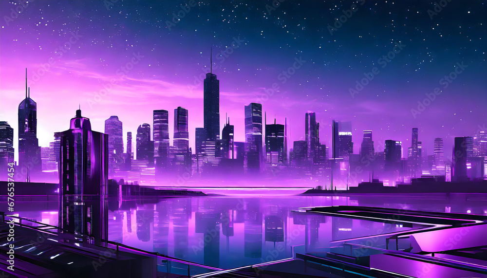 futuristic vaporwave cyberpunk vector art with a city skyline at night with purple hues