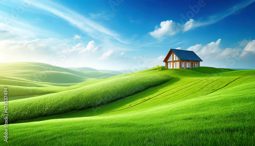 green field with a blue sky and a small house green grass fields on small hills and blue sky suitable for wallpaper and background illustration ai generative