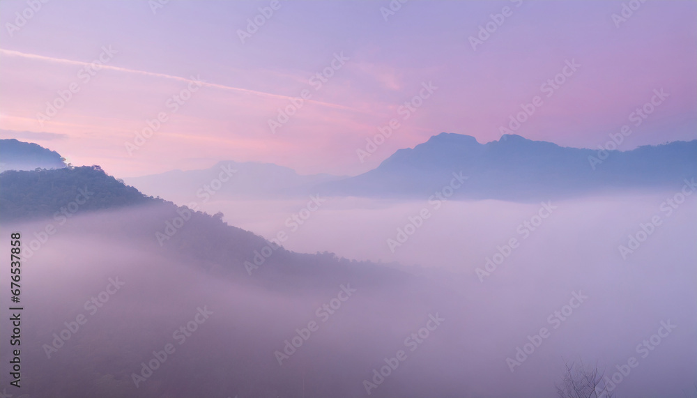 Obraz premium foggy morning light purple pastel gradient dreamy mountain atmosphere pc desktop wallpaper background ai generated