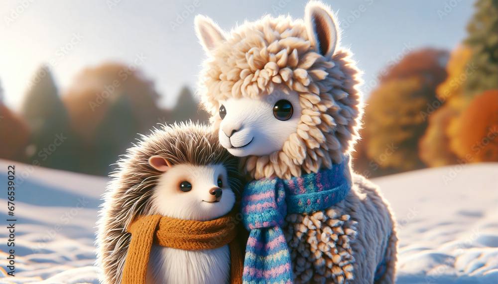 Fluffy alpaca and fuzzy hedgehog share a scarf on a chilly day, emphasizing the essence of friendship between adorable, unlikely furry pairs. - obrazy, fototapety, plakaty 
