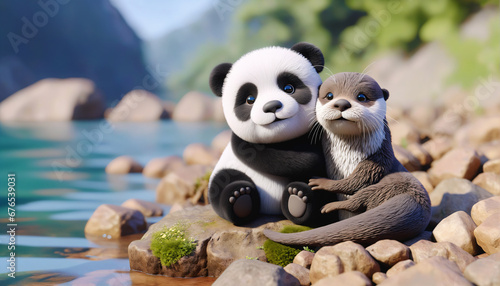 Fluffy panda and sleek otter cuddle by a riverbank, portraying friendship between improbable yet endearing furry creatures.