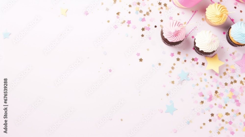 birthday holiday background, cakes with candles and copy space birthday holiday background, cakes with candles and copy space
