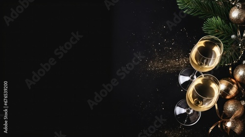 Champagne Glasses and Christmas Decorations on a Festive Dark Background