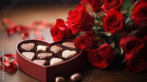 A close-up shot of a heart-shaped box of chocolates with a bouquet of red roses in the background
