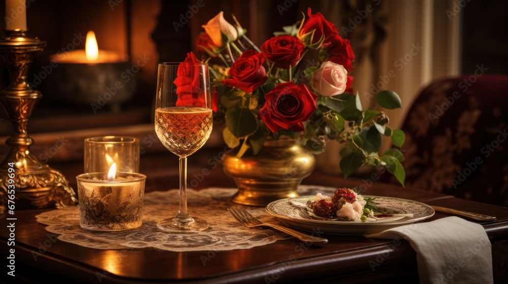 a candlelit dinner table with two glasses of wine and a bouquet of flowers in the center.