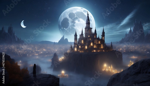 illuminated 3d fantasy fairytale dreamland future science surreal moon city ghost dark