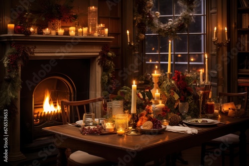 a christmas table with fireplace in the room