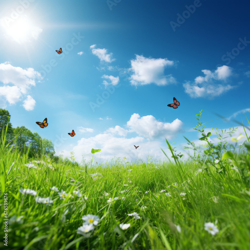 Spring nature panorama - green juicy grass with fluttering butterflies, blue sky © Guido Amrein