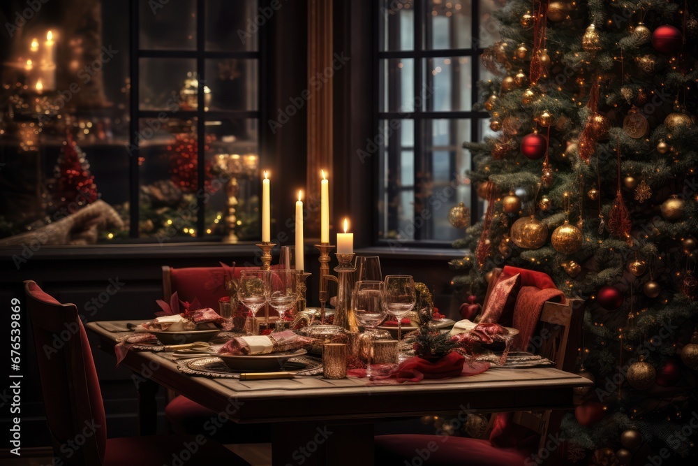 christmas dining table setting in a house with a christmas tree