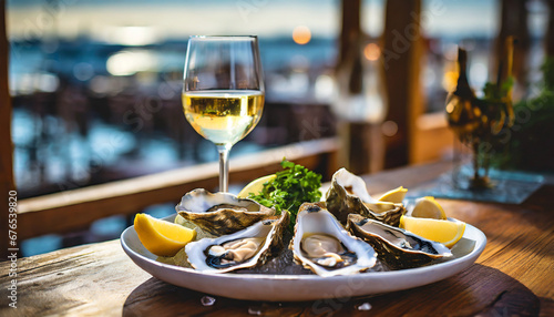 feast on some freshly shucked oysters and savor a glass of white wine in a vibrant seafood eatery ai generative