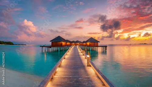 Valokuva amazing sunset panorama at maldives luxury resort pier pathway soft led lights i