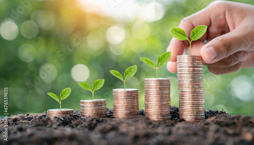 concept of financial investment money saving money growth business success and eco business investment sustainable finance hand holding step of coins stacks with tree growing on top photo