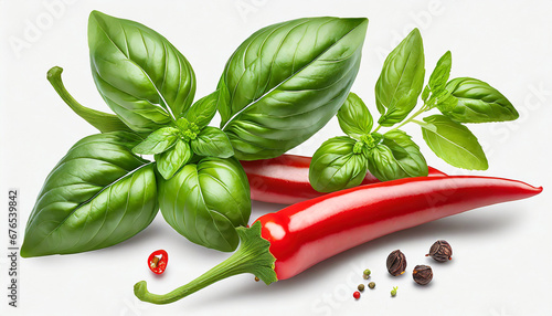 fresh herb basil leaves and red chilli pepper isolated on white background transparent background and natural transparent shadow ingredient spice for cooking collection for design