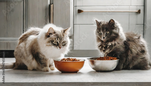two cute fluffy cats eats pet food from bowl kitten is not eating healthy food for pets dietary balanced modern interior white kitchen no people place for text opy space ai generative