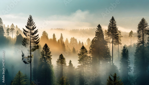 abstract and geometric shape nature forest full of misty pine trees pc desktop wallpaper background ai generated photo
