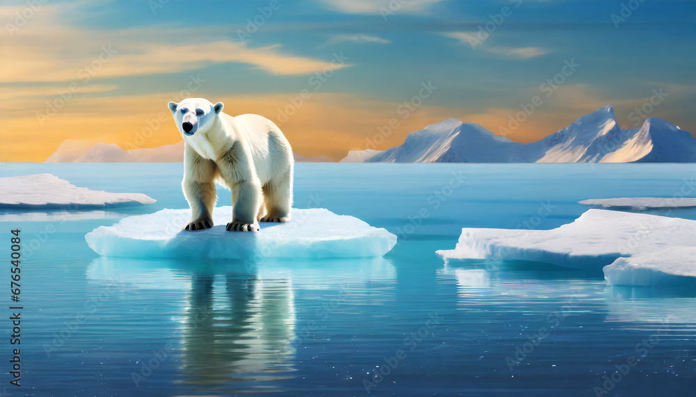 polar bear on ice floe in arctic sea wildlife nature melting iceberg and global warming climate change concept