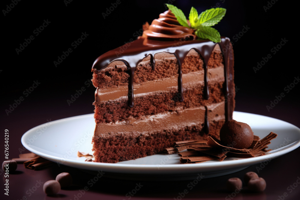 Chocolate cake on dark background. Sweet pastries and confectionery